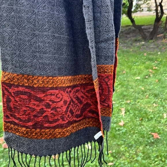 🐑 🇮🇪Unisex Charcoal/Red/Orange Woven Scarf Wool Blend Fringed Scarf 15”W x 63”L - Picture 11 of 17